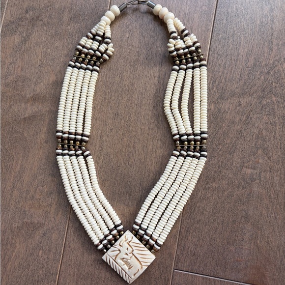 Hand-carved bone and brass Beaded Necklace 17”